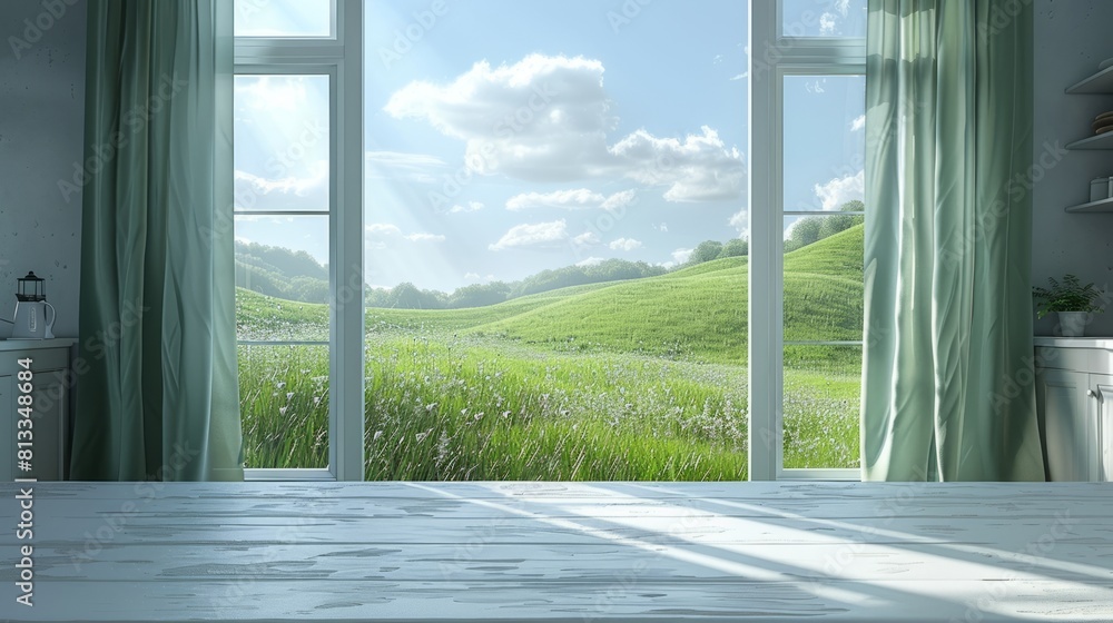 A room with green grass outside the window A room with green grass outside the window