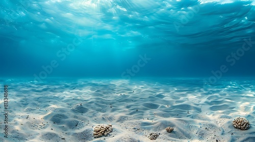 Fototapeta Naklejka Na Ścianę i Meble -  underwater blue ocean wide panorama background with sandy sea bottom