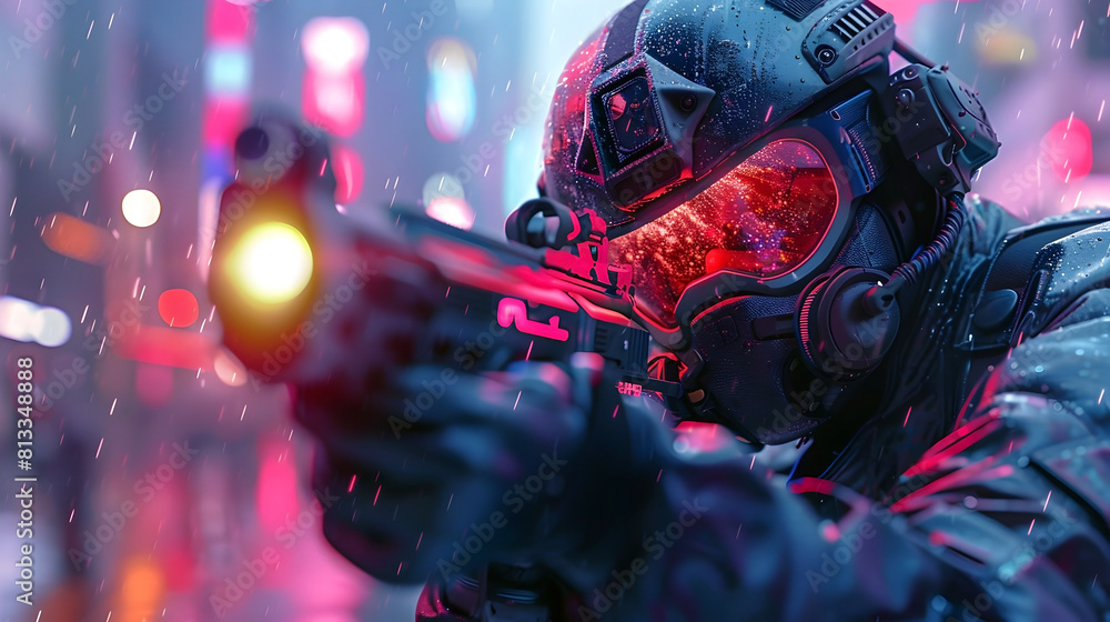 Futuristic Soldier Fighting for Survival in Neon-Lit Urban Warfare Amidst Cinematic 3D Render and Photographic Hyper-Realism Futuristic Soldier Fighting for Survival in Neon-Lit Urban Warfare Amidst Cinematic 3D Render and Photographic Hyper-Realism