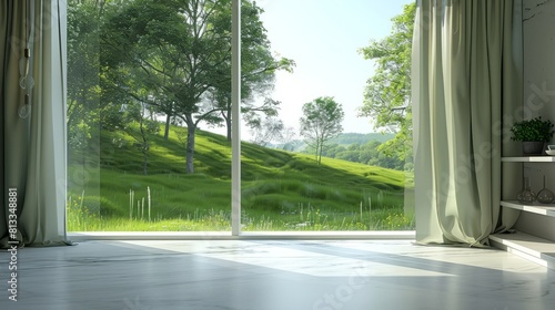 A room with green grass outside the window