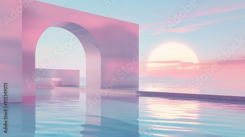 Beautiful gradient sky scene, lake with clam water, minimal concept.