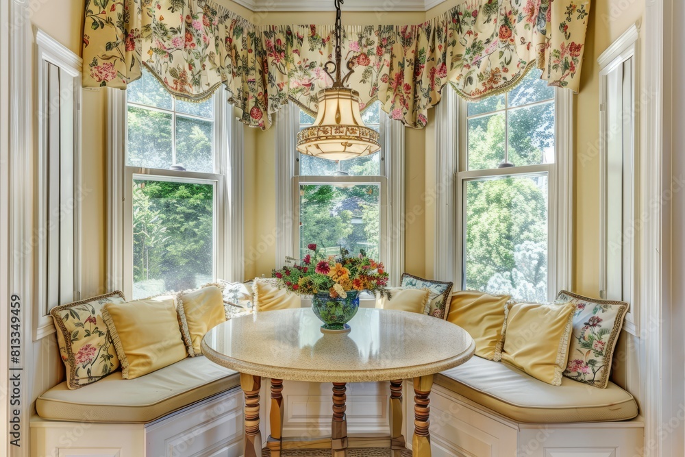 Fototapeta premium A charming breakfast nook with a round table, bench seating, and floral curtains, offering a cozy spot for enjoying morning meals, Generative AI