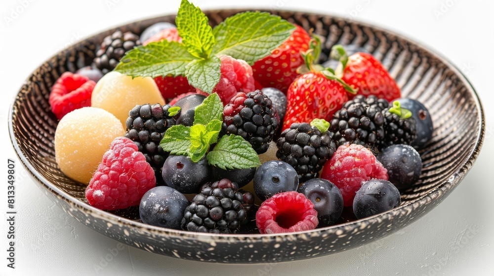 Anmitsu dessert with a variety of berries and small mochi balls, arranged neatly, isolated on white. Anmitsu dessert with a variety of berries and small mochi balls, arranged neatly, isolated on white.
