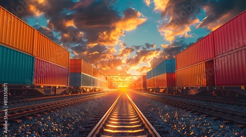Freight Train with Cargo Containers, Transport, Shipping import Export on sunset sky background