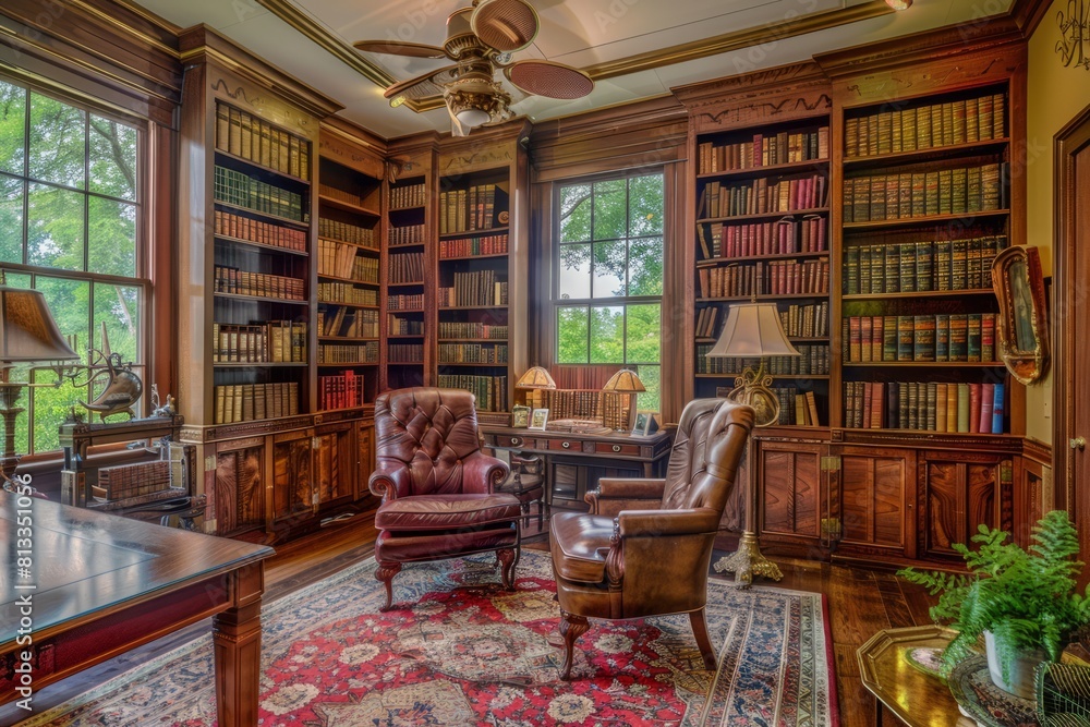 A quaint study adorned with leather-bound books, mahogany furniture, and brass accents, providing an inviting space for reading, Generative AI A quaint study adorned with leather-bound books, mahogany furniture, and brass accents, providing an inviting space for reading, Generative AI