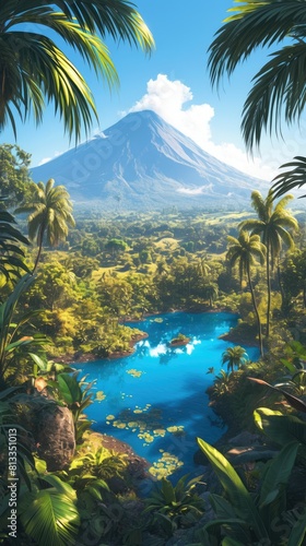 Photo of A magical blue lagoon surrounded by lush greenery  with the silhouette of an active volcano in the background  taken from above with palm trees framing the scene.