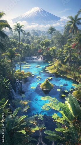 Photo of A magical blue lagoon surrounded by lush greenery  with the silhouette of an active volcano in the background  taken from above with palm trees framing the scene.