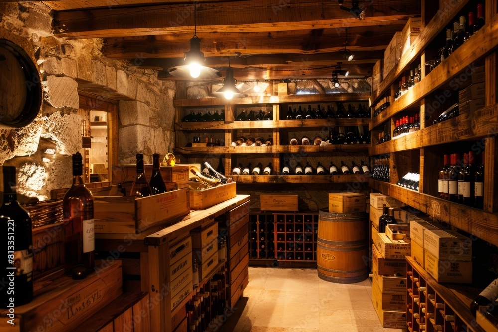 A rustic wine cellar with wooden wine racks, stone walls, and dim lighting, showcasing a collection of fine wines in atmospheric, Generative AI A rustic wine cellar with wooden wine racks, stone walls, and dim lighting, showcasing a collection of fine wines in atmospheric, Generative AI