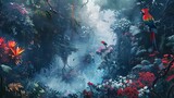 wallpaper of a painting with flowers and parrots and birds in a rainforest,dark red and light blue, scale high resolution, jungle punk, aerial view