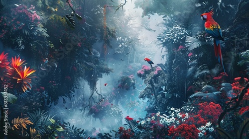 wallpaper of a painting with flowers and parrots and birds in a rainforest,dark red and light blue, scale high resolution, jungle punk, aerial view photo