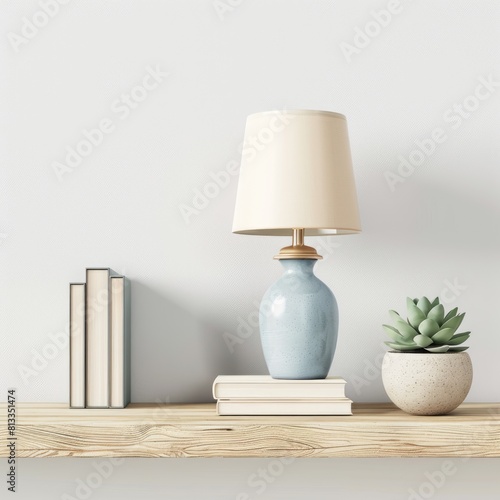 Lamp, books and succulent plant on the shelf against empty wall mockup isolated on white background   photo