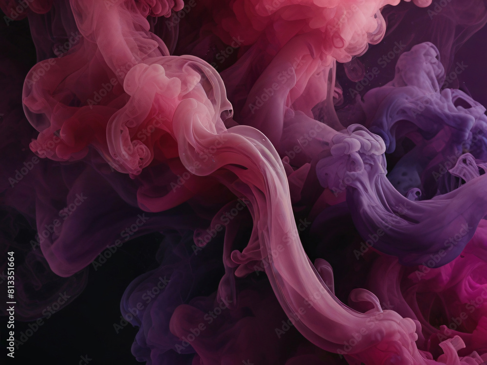 Fototapeta premium Pink and Purple Smoke. Wispy swirls of pink and purple smoke against a stark black background. The smoke appears to be illuminated from behind, casting a soft glow on the surrounding darkness.