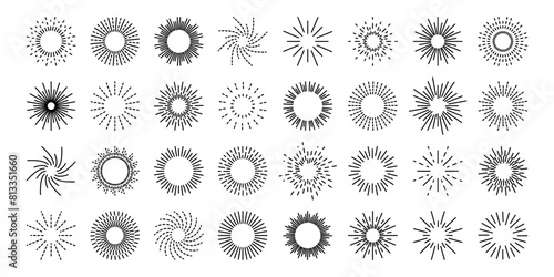 Set vintage sunburst. Bursting rays sunrise firework.