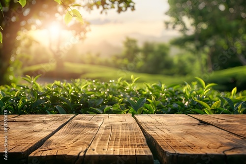 Wooden pedestal in morning light at tea plantation  pure and fresh ambiance  offering copy space for product display  with blurred tea leaves and sun rays