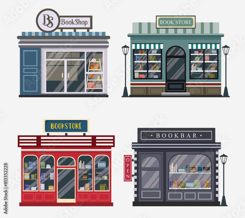 Set of retro bookstore facade detailed with modern small buildings
