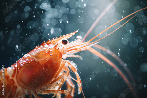 A close-up of a red lobster with a large claw in the blue ocean