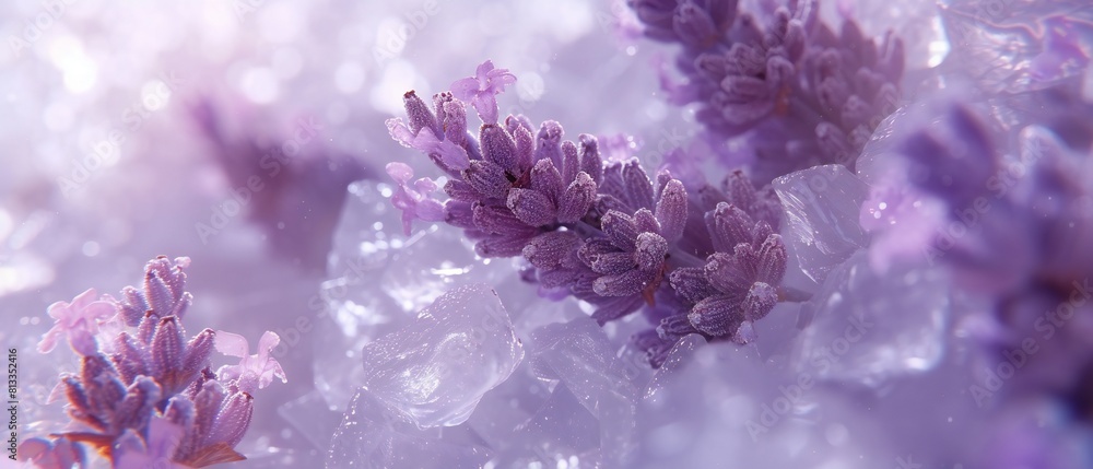 Lavender Crystal Dream: Close-up of lavender blooms under cracked ice, evoking a dreamlike atmosphere in a short scene. Lavender Crystal Dream: Close-up of lavender blooms under cracked ice, evoking a dreamlike atmosphere in a short scene.