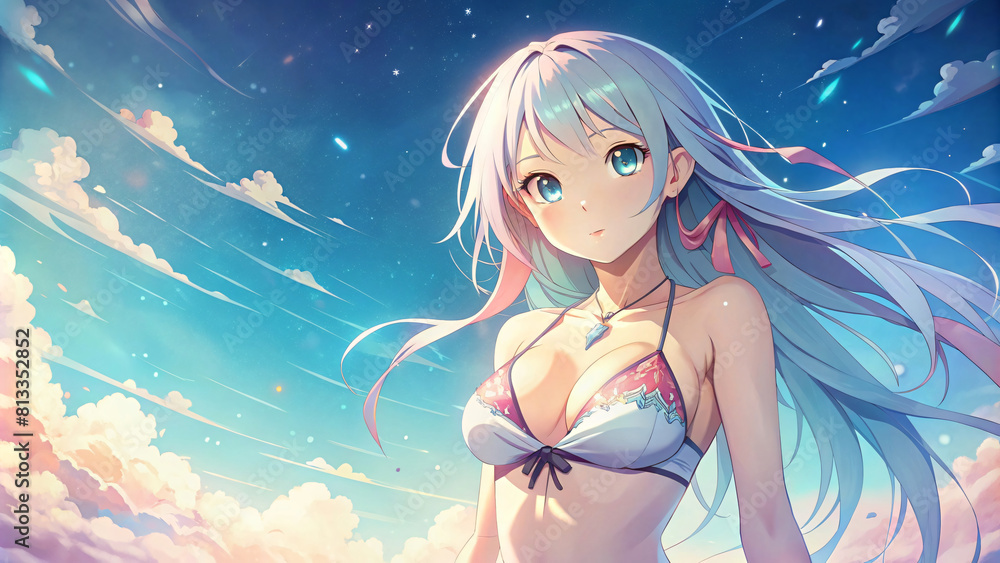Bikini-clad anime woman enjoying summer on the beach, surrounded by sea, sun, and tropical beauty Bikini-clad anime woman enjoying summer on the beach, surrounded by sea, sun, and tropical beauty