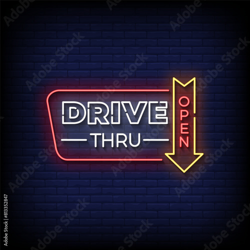 drive thru neon Sign on brick wall background vector