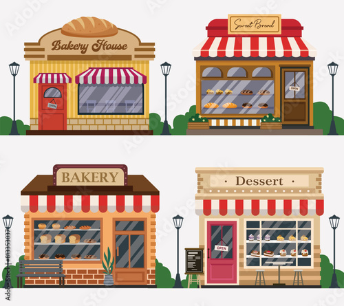 Set of retro bakery shop facade detailed with modern small buildings