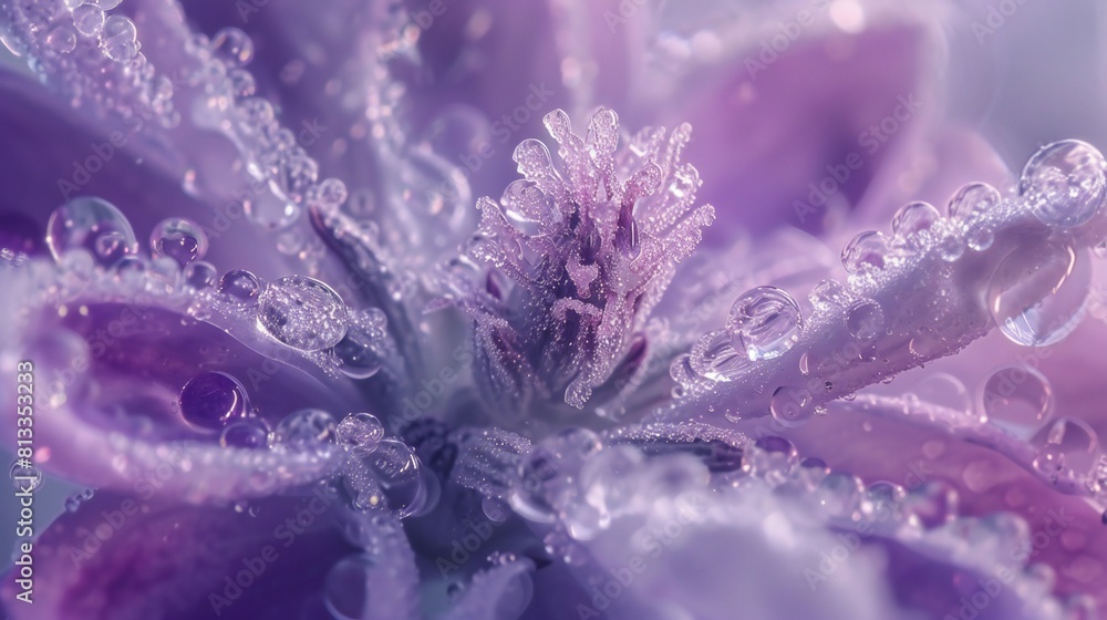 Lavender Frost Ballet: Extreme macro showcases frozen petals adorned with sparkling snowflake dancers. Lavender Frost Ballet: Extreme macro showcases frozen petals adorned with sparkling snowflake dancers.