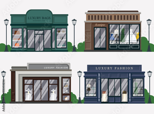 Set of vintage boutique  fashion shop facade detailed with modern small buildings