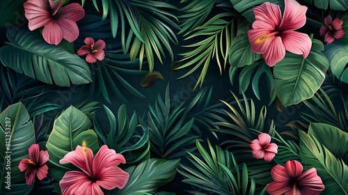 Exotic Tropical Flowers with Dark Moody Green Banana Leaves  Botanical Floral Arrangement  Nature Background  Generative Ai  