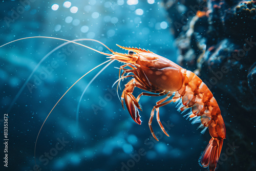 Closeup of fresh seafood on a blue background: lobster, crayfish, and shrimp on ice photo