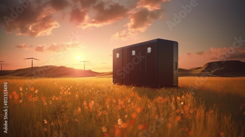 BATTERY trashcan in a field at sunset photo