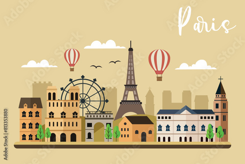 Paris skyline concept flat vector illustration,Travel to Paris concept with skyline and famous buildings landmark