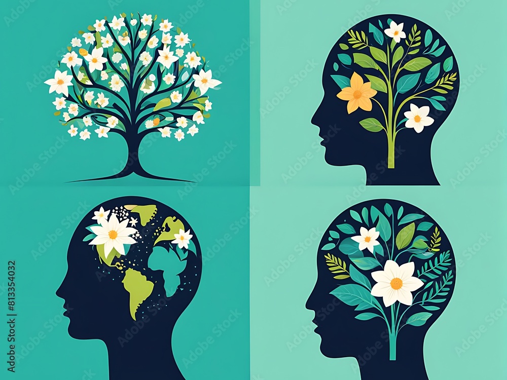 set vector illustration of head with plant blooming inside world mental health day set vector illustration of head with plant blooming inside world mental health day