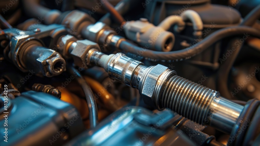 The spark plug that is stuck in the car engine is silver The spark plug that is stuck in the car engine is silver