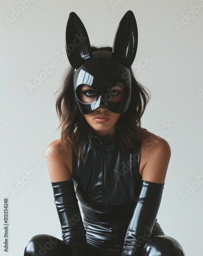 a female model wearing a high fashion latex outfit with bunny ears photo