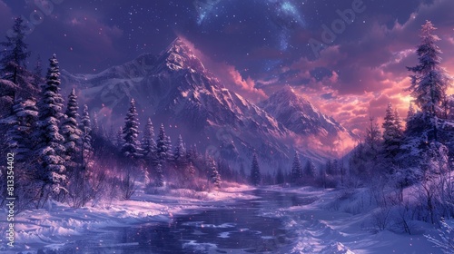 A beautiful snowy landscape with mountains in the background © tope007