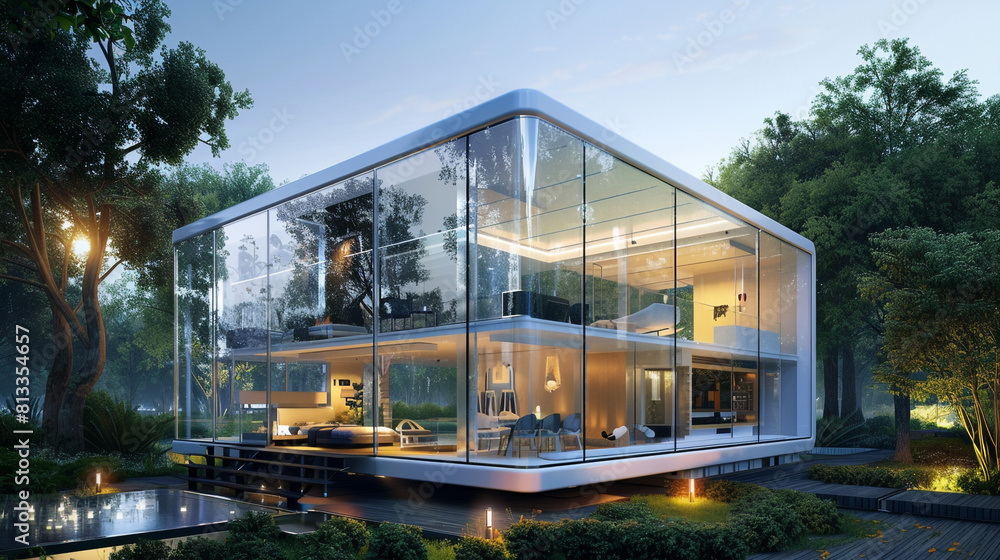 A futuristic cubic house with smart glass that adjusts transparency for privacy and climate control. A futuristic cubic house with smart glass that adjusts transparency for privacy and climate control.