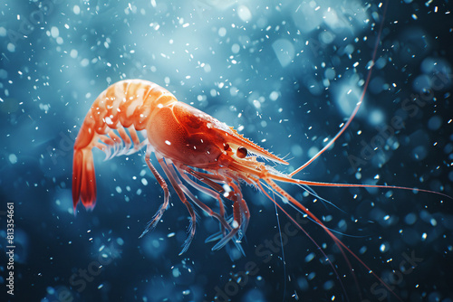 Fresh raw shrimp  a crustacean shellfish  isolated on underwater background