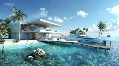 A luxurious cubic house on a private island, with seamless indoor-outdoor flow and a dock for yachts. photo