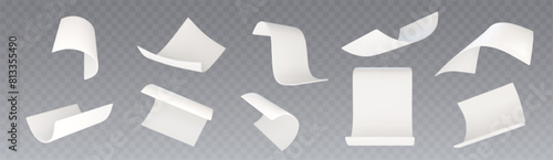 3d white fly paper sheet. Fall isolated document. Blank falling realistic letter set mockup. Curl office a4 notebook shape template design. Empty corporate post or paperwork in air abstract mock up.