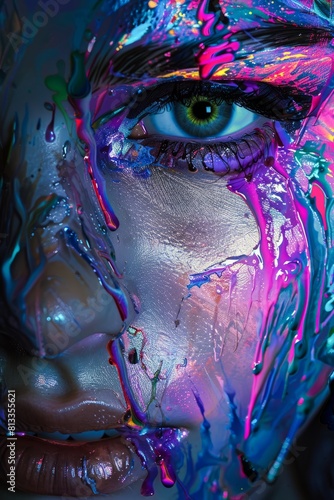 Close-Up Portrait of a Woman With Vibrant Neon Paint Dripping Down Her Face