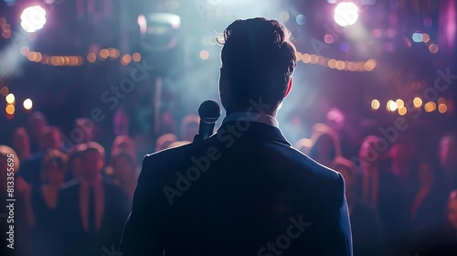 an elegant man in a dark suit speaking into a microphone  addressing an audience of captivated people blurred in the background
