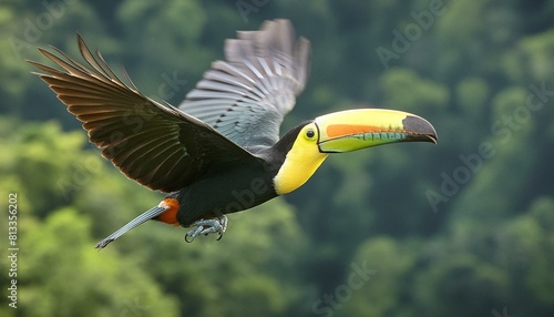 beautiful toucan flying, mountains, forest photo