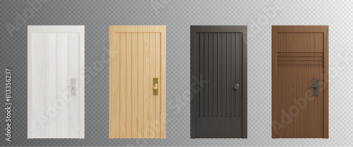 Closed wooden front doors of different colors - white and black, light and dark brown. Realistic 3d vector illustration set of entrance frame with wood texture. Home or office interior element.