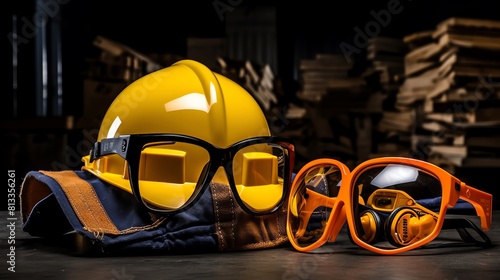 Safety  Safety equipment in a highrisk industrial setting front view emphasizing the importance of safety gear in hazardous environments with a technology tone in an Analogous Colo photo