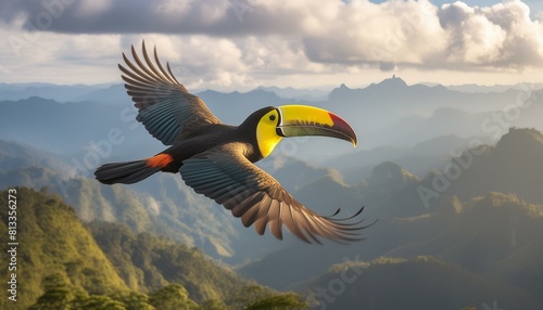 beautiful toucan flying, mountains, forest photo
