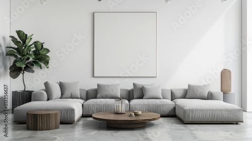 Interior of modern living room with white walls  concrete floor  gray sofa standing near round coffee table and vertical mock up poster background  