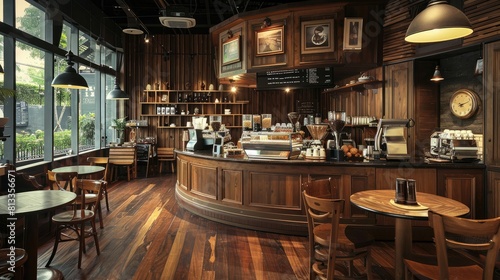 Interior design of cafe with wooden vintage style  decorated with warm and cozy tones  