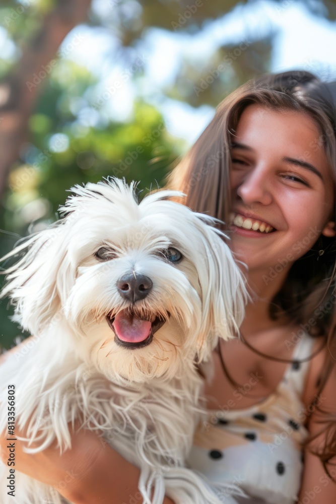 Smiling Young Girl Holding a Fluffy White Dog Outdoors Smiling Young Girl Holding a Fluffy White Dog Outdoors