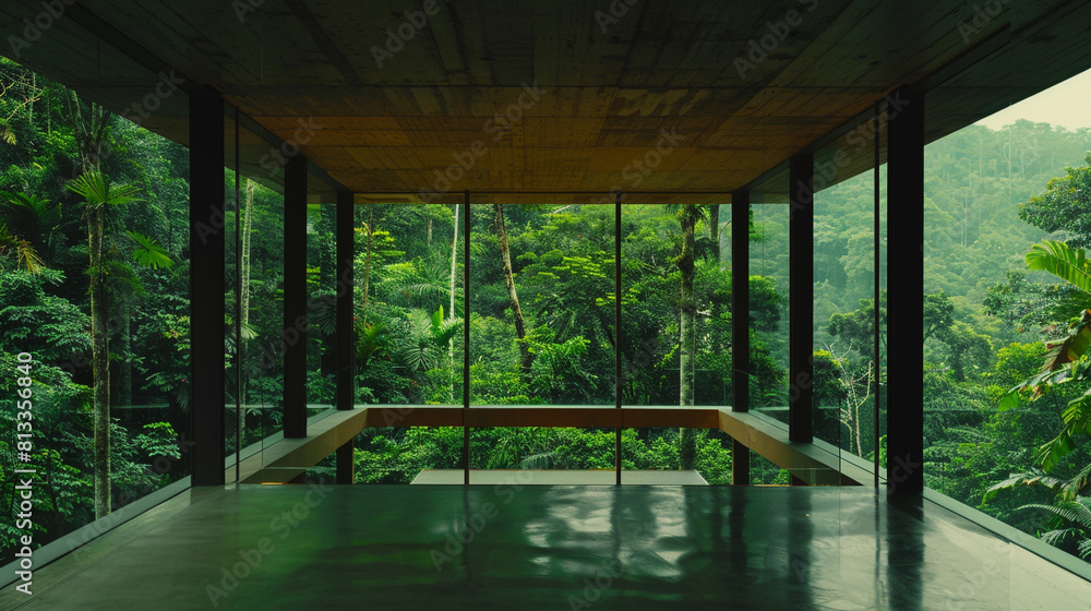 A minimalist cubic house with floor-to-ceiling windows that provide a panoramic view of the surrounding dense forest.