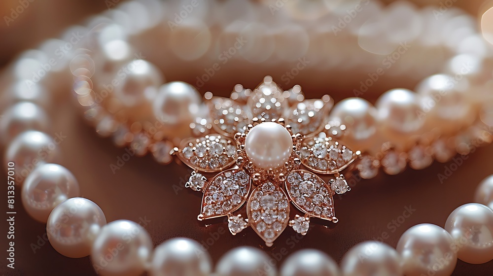 Marvel at the intricate beauty of a finely crafted piece of jewelry, where sparkling diamonds and lustrous pearls are set against gleaming precious metals.