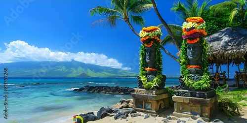 Lei Day celebration in Hawi with leicovered statue ocean and palm trees. Concept Lei Day Celebration, Hawaii, Hawi, Lei-Covered Statue, Ocean Views, Palm Trees photo